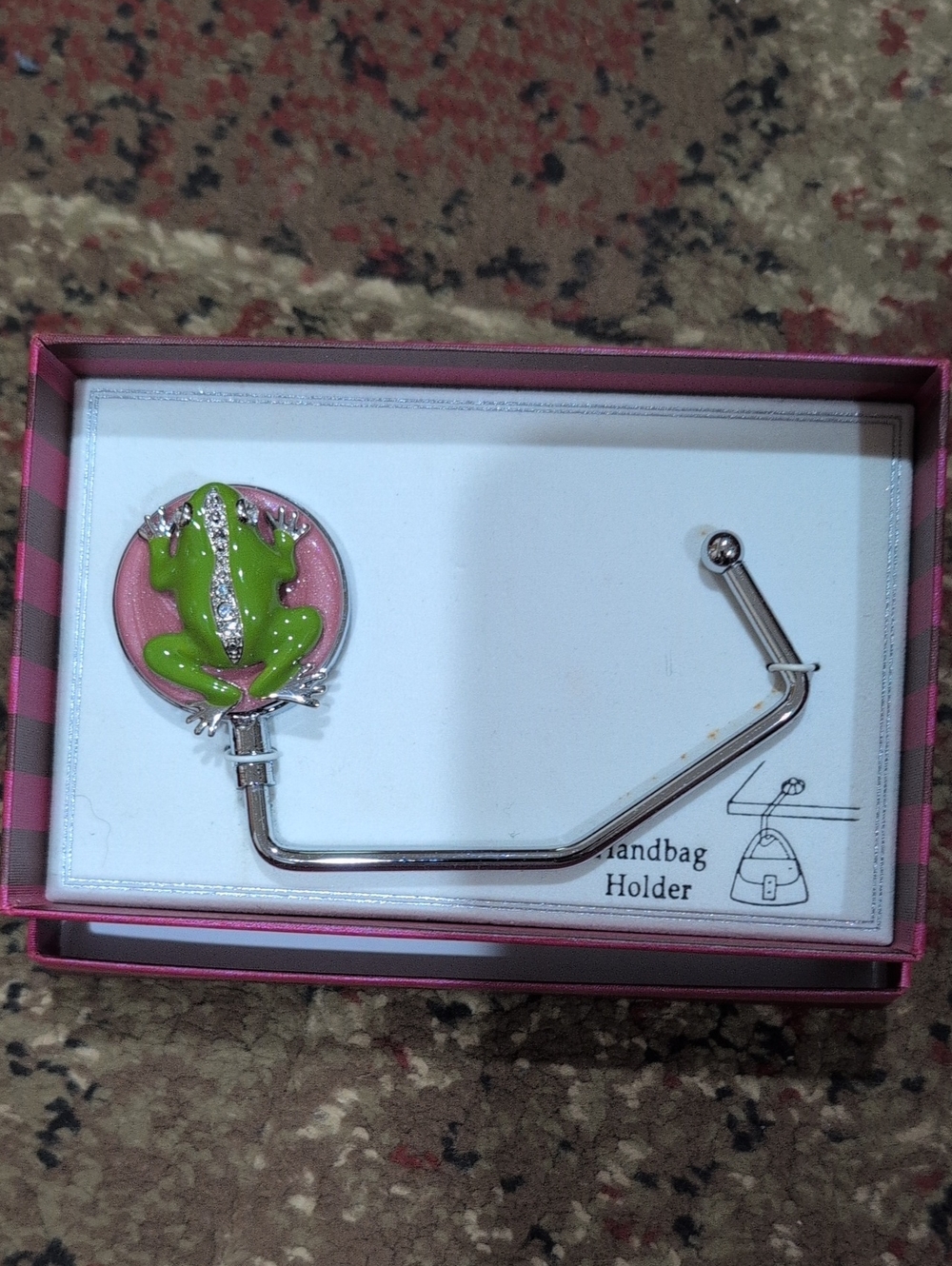 Green Frog Handbag Holder - Pink Backing New In Box